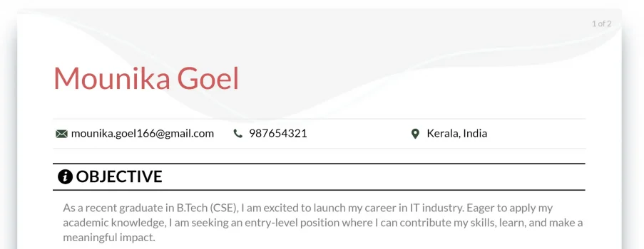 B.Tech engineer fresh graduate resume objective example