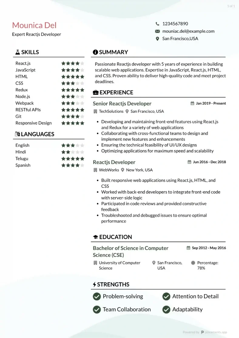 Senior ReactJS Developer Resume Examples 2024 (In Detail)