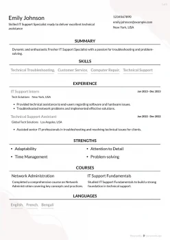 Fresher IT Support Specialist Resume Example