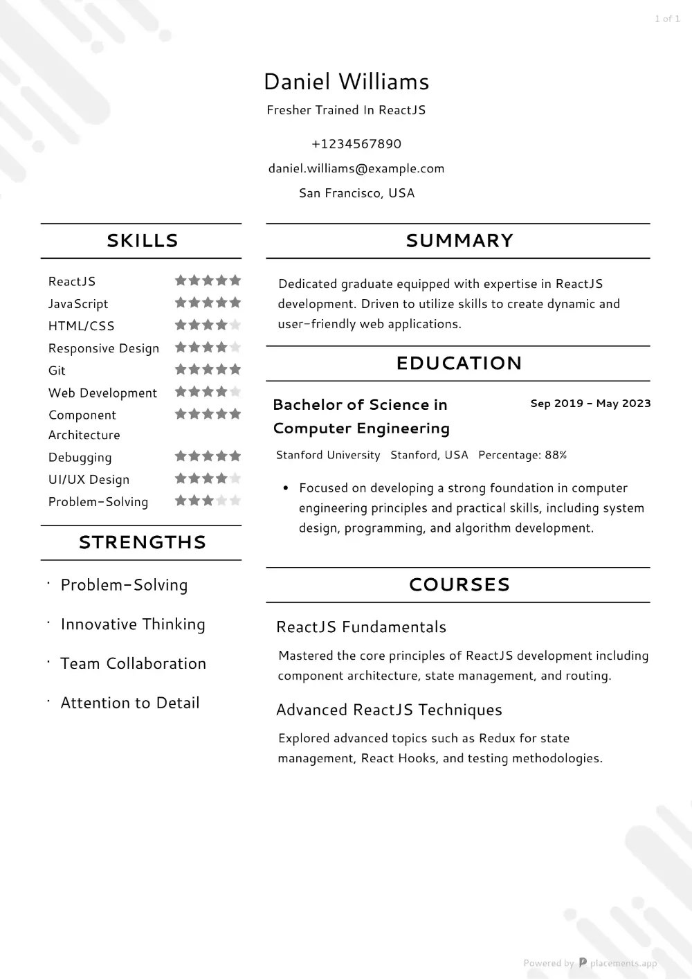 Graduate placements CV Example ReactJS