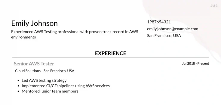 aws-testing-resume-headline example