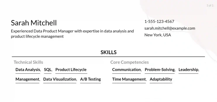 data product manager resume skills