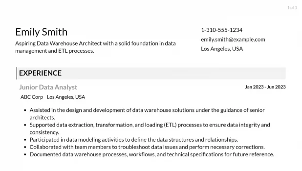 data warehouse architect resume responsibilities