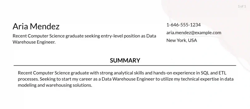 data warehouse engineer resume objective