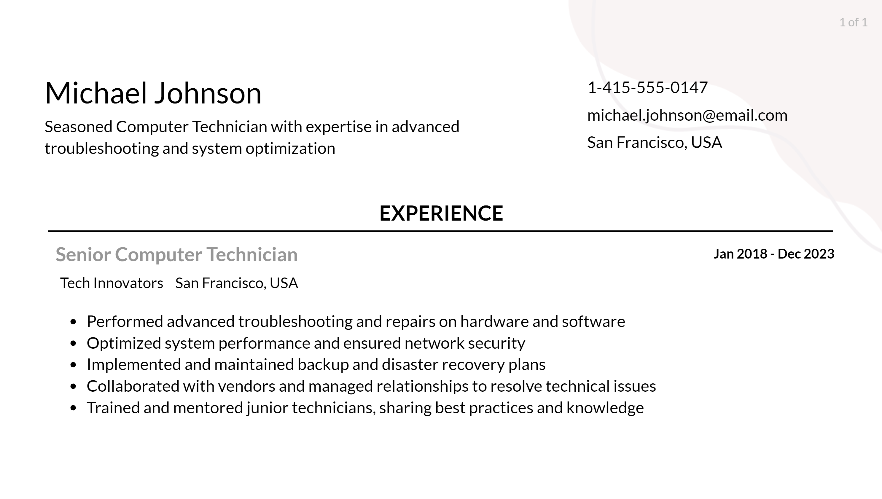 computer technician resume responsibilities