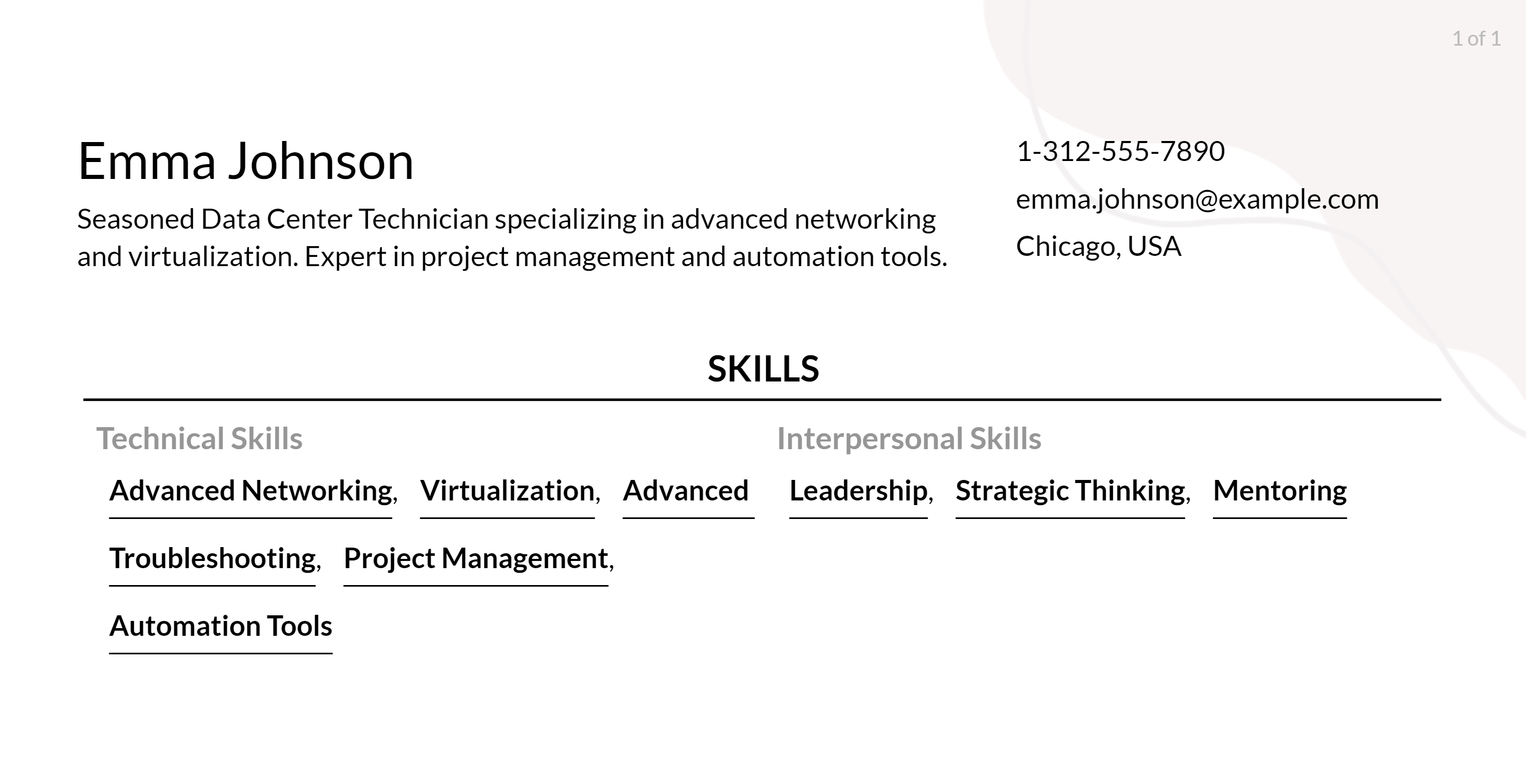 data center technician resume skills