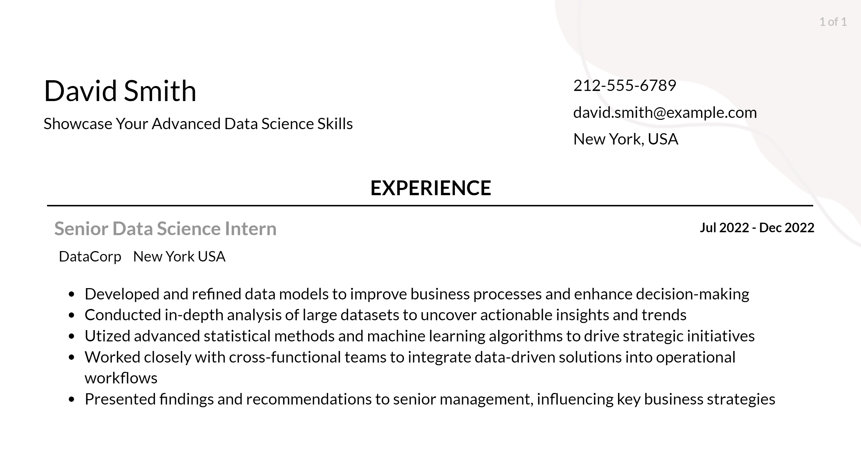 data science intern resume responsibilities