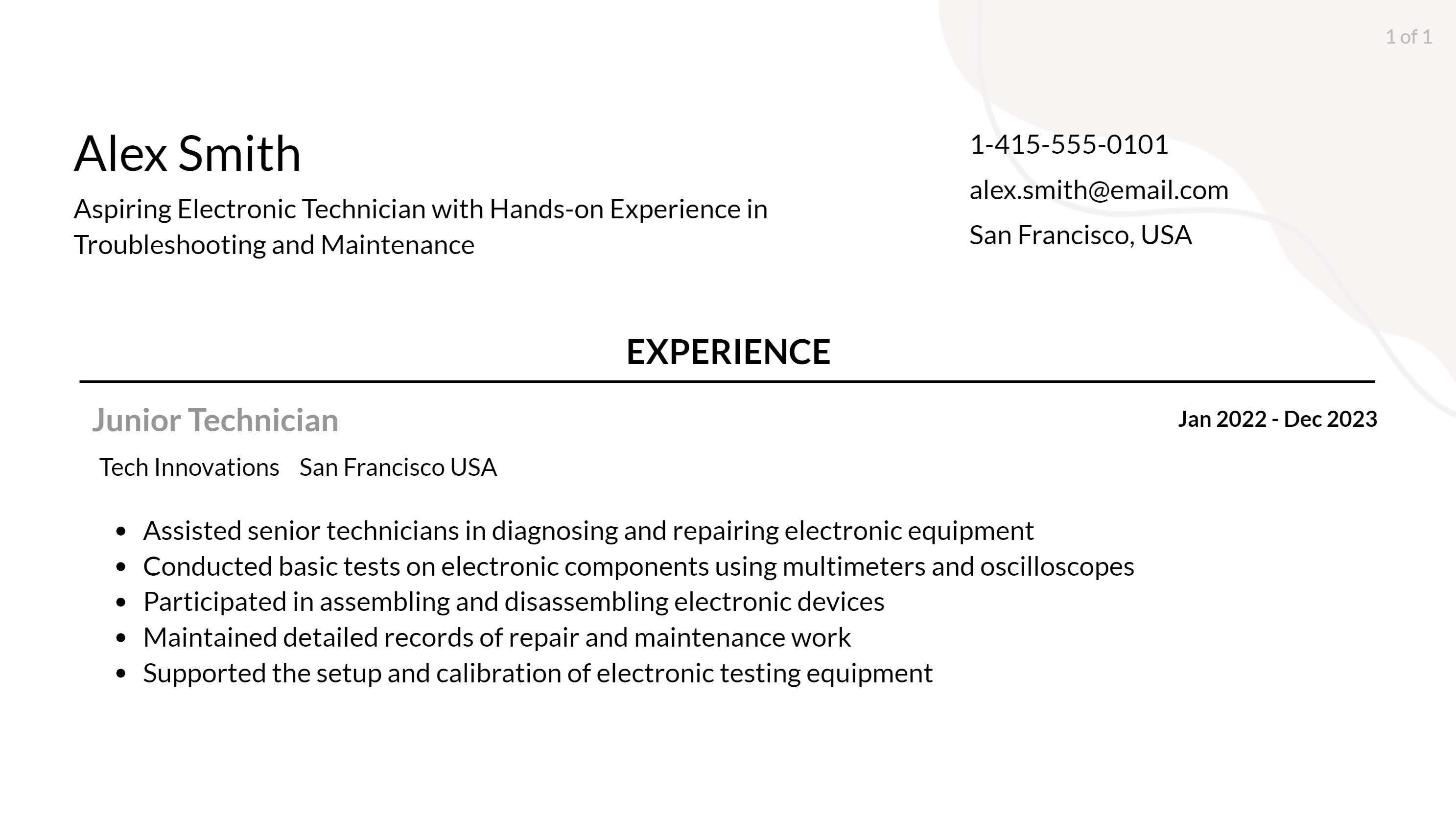 electronic technician resume responsibilities