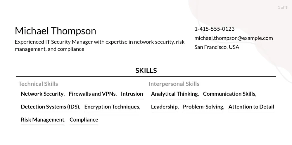 it security manager resume skills