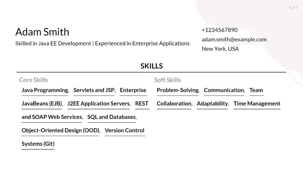 j2ee developer resume skills