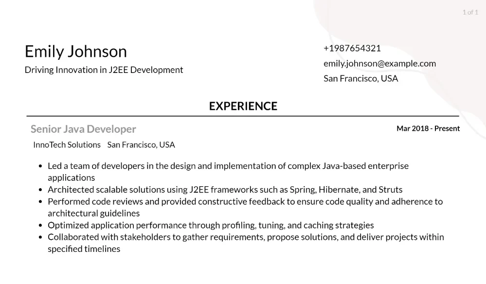 j2ee developer resume responsibilities