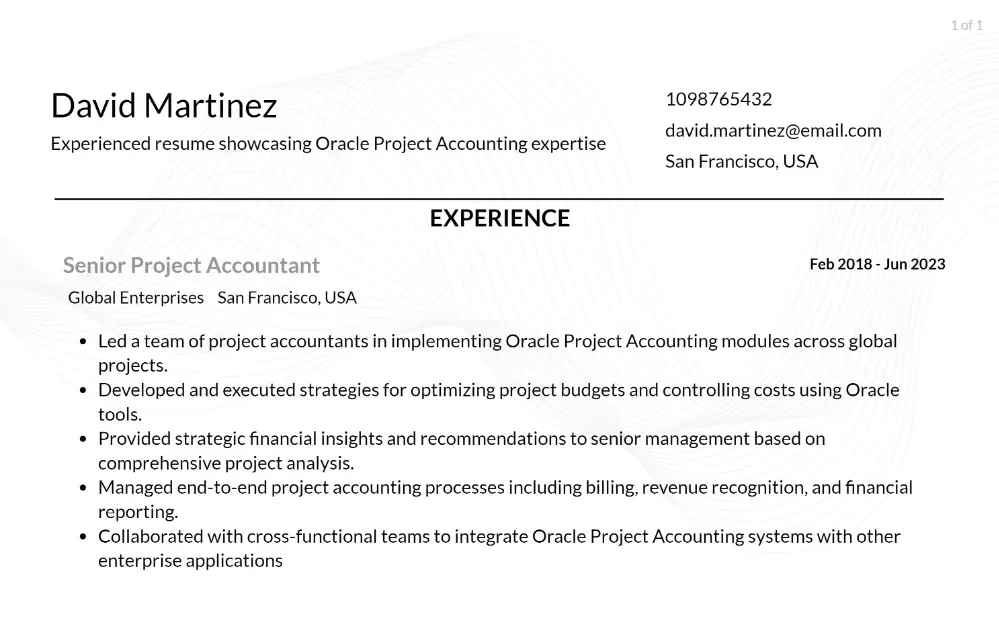 oracle project accounting resume responsibilities