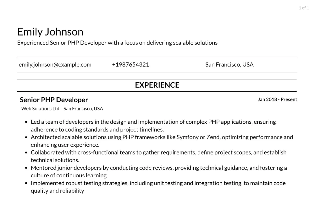 senior php developer resume responsibilities