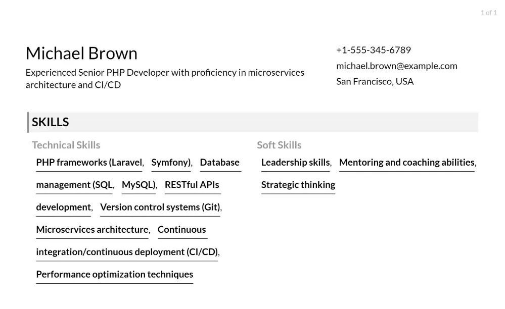 senior php developer resume skills