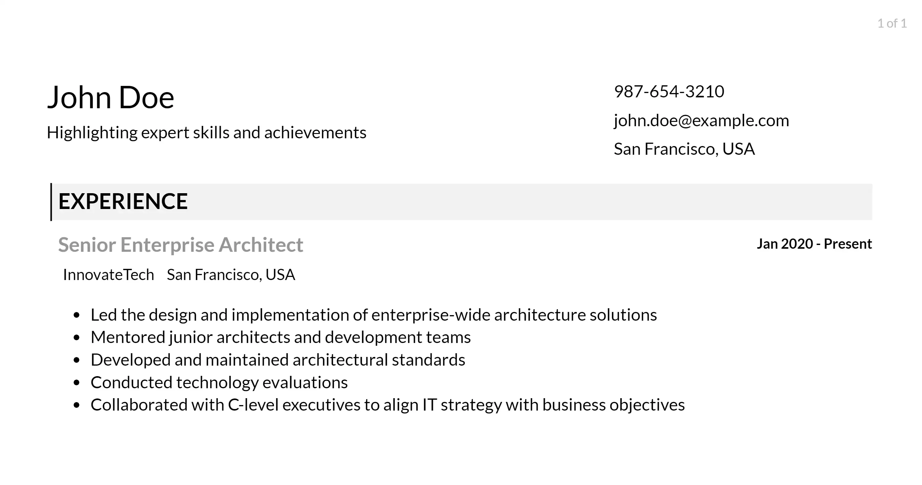 enterprise architect resume responsibilities