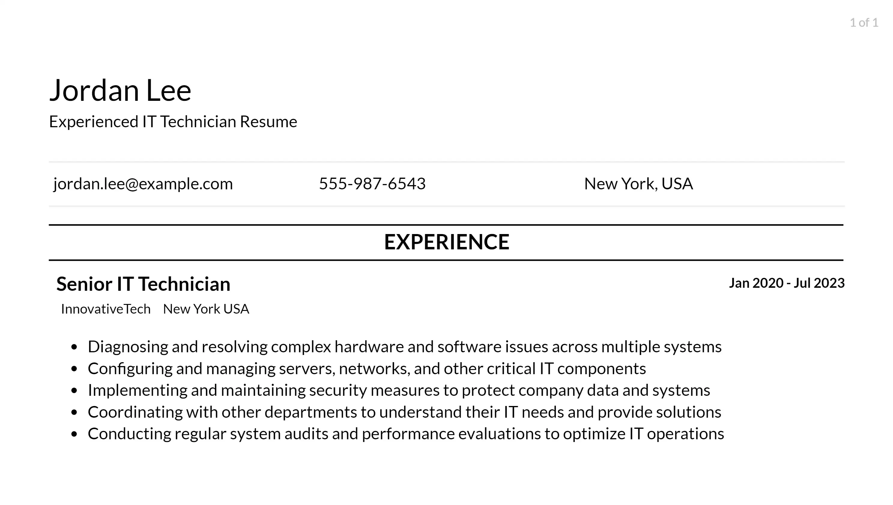 it technician resume responsibilities