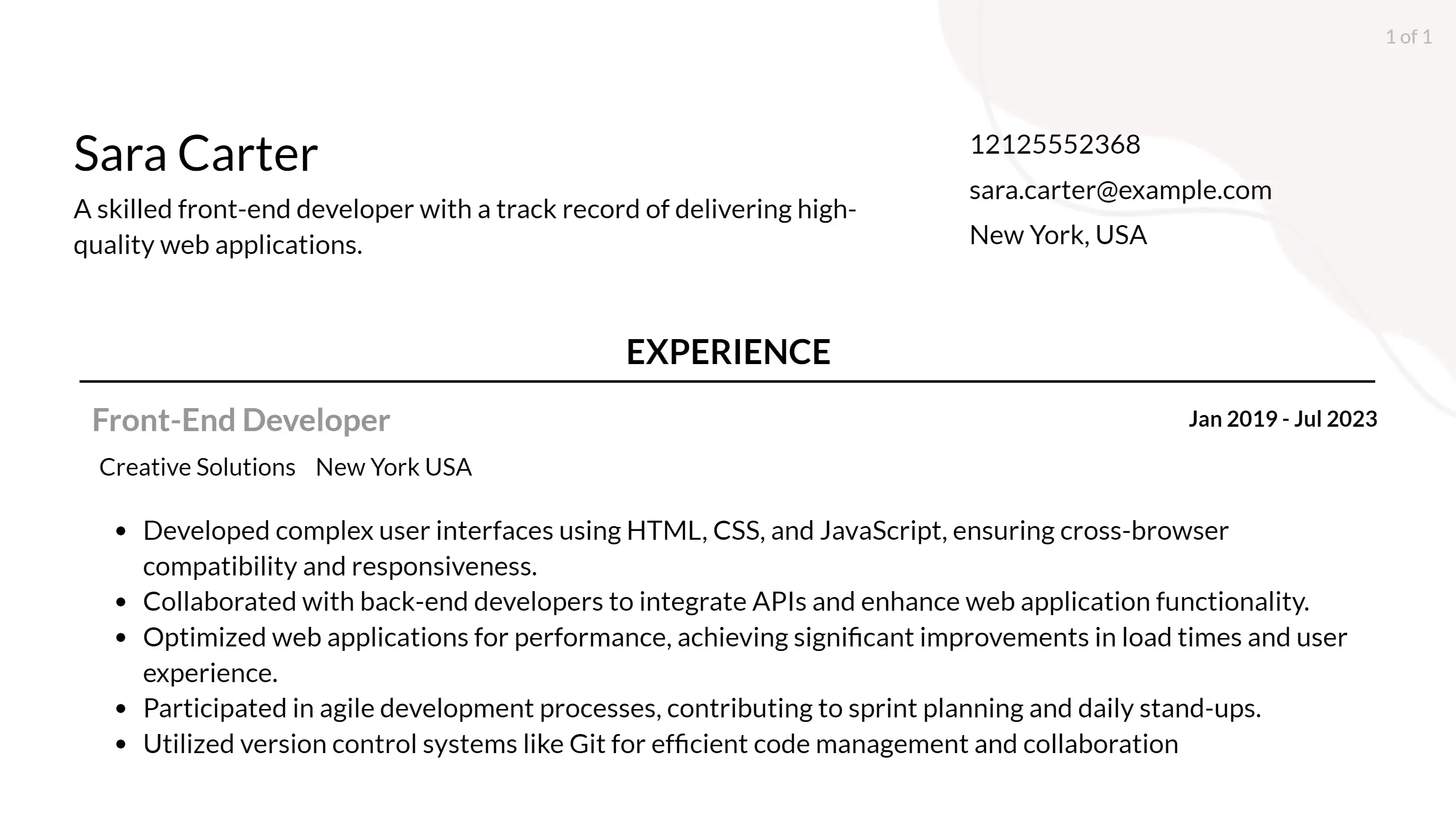 junior front-end developer resume responsibilities