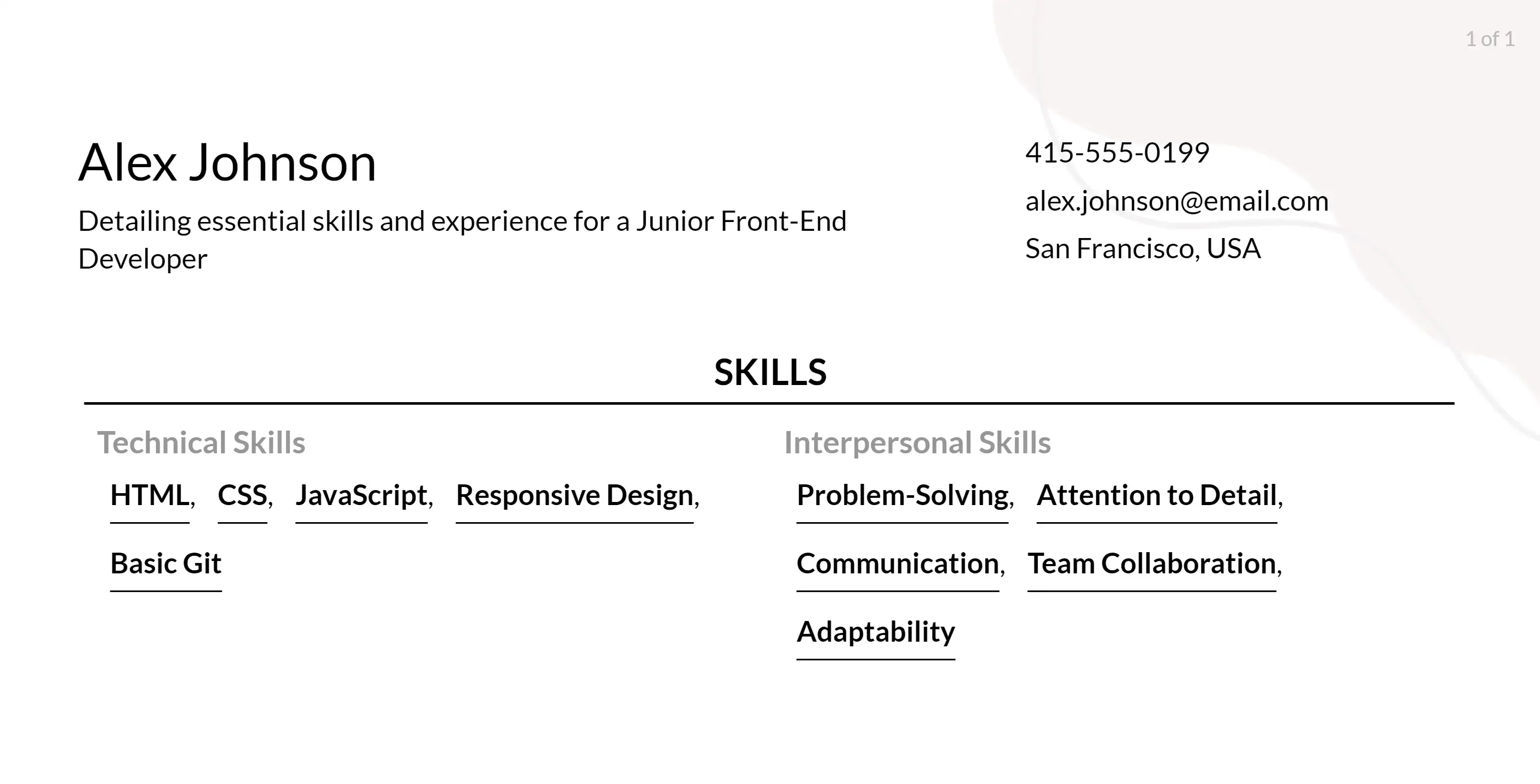 junior front end developer resume skills