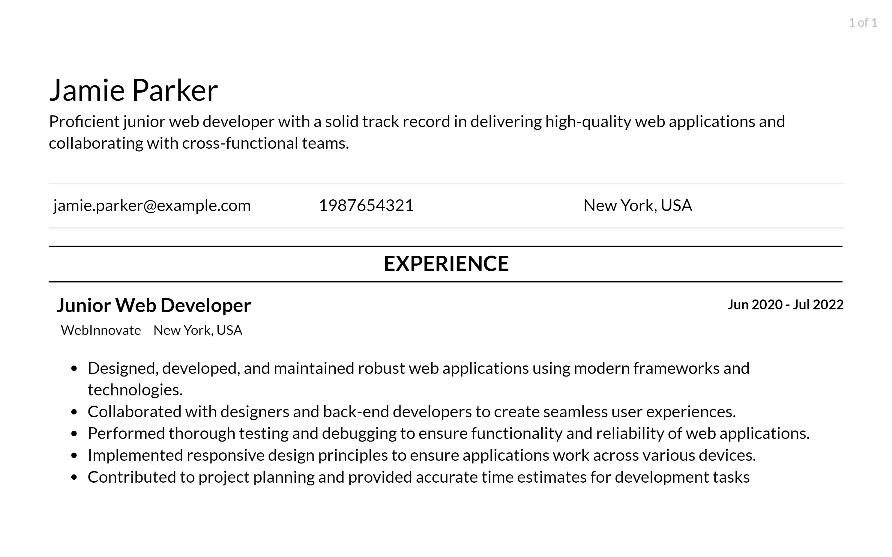 junior web developer resume responsibilities