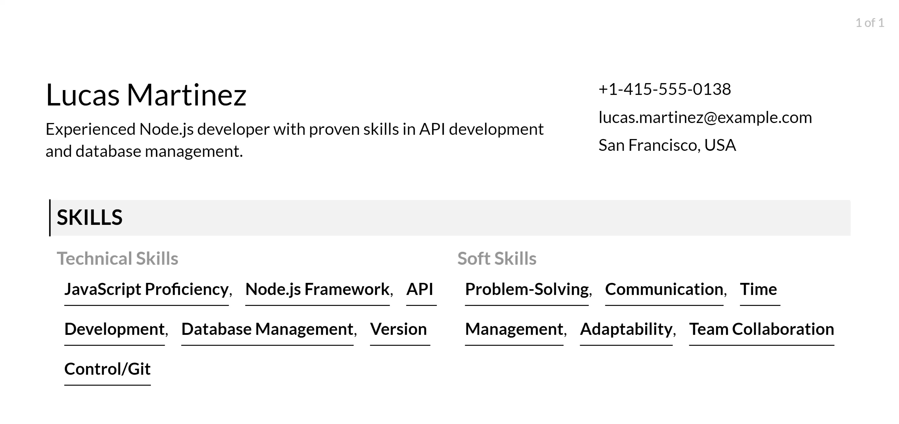 node js developer resume skills