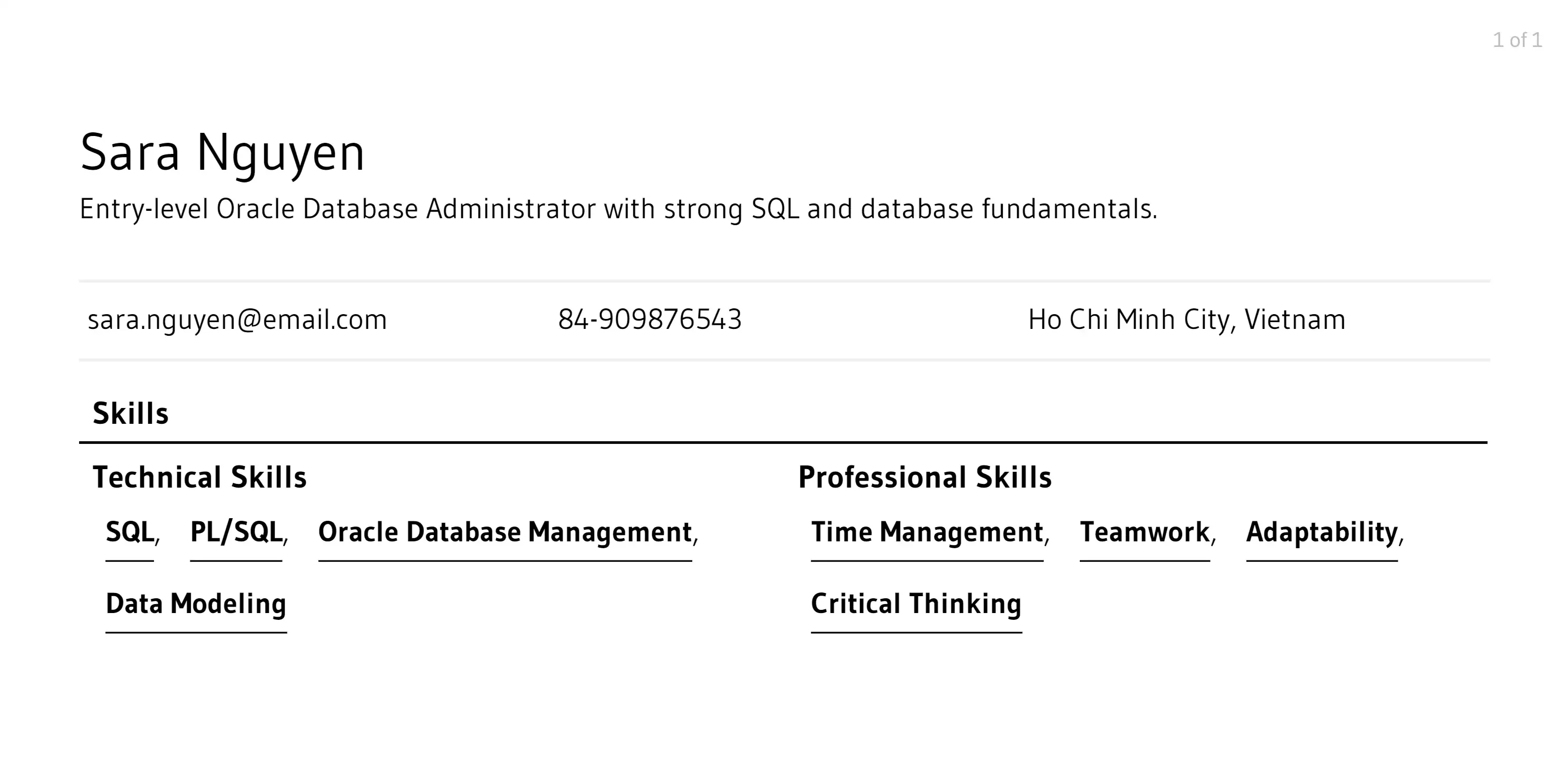 oracle database administrator resume skills