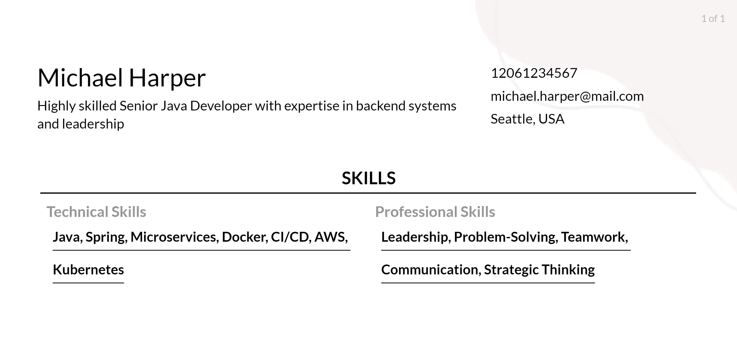 senior java developer resume skills