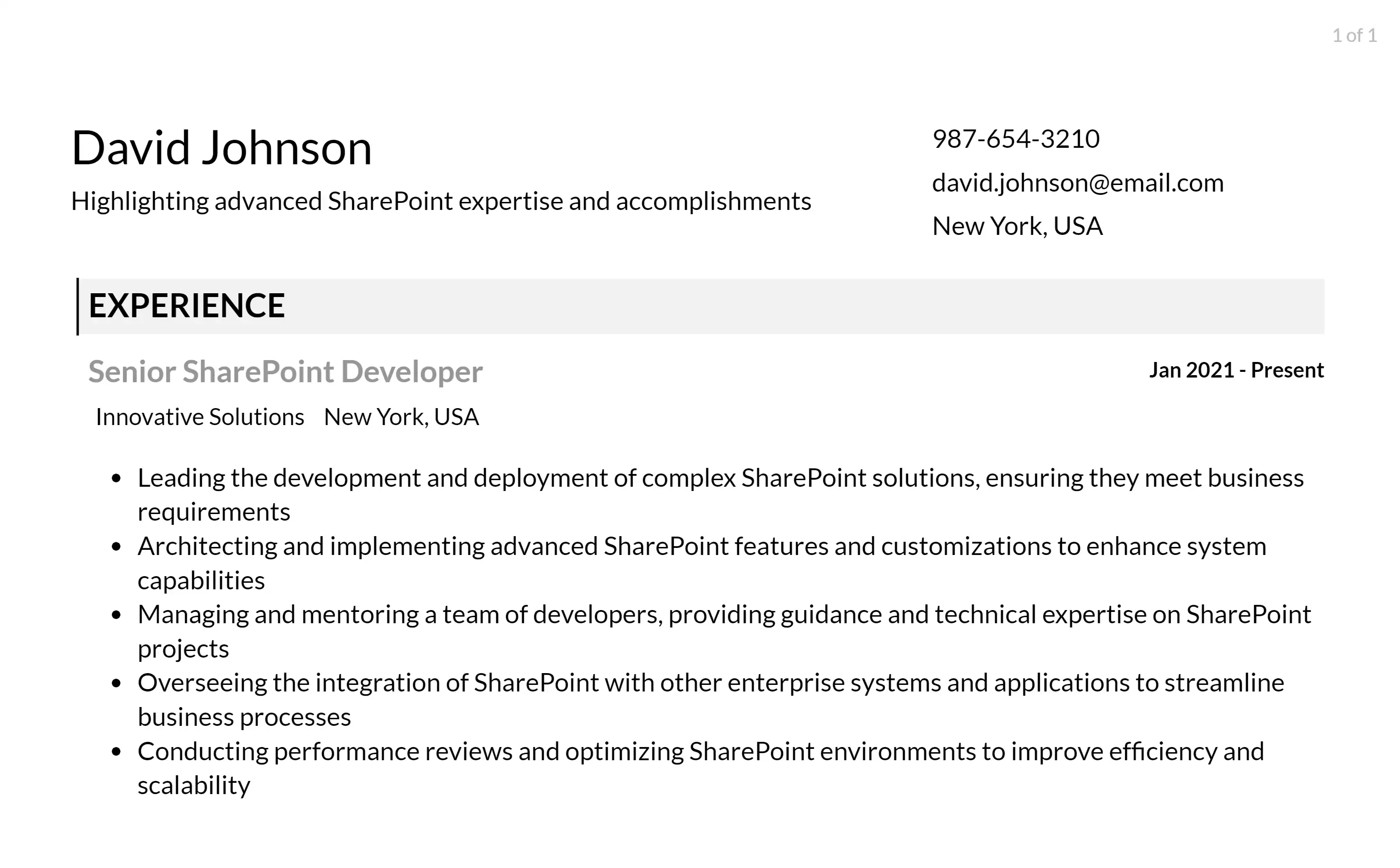 sharepoint developer resume responsibilities