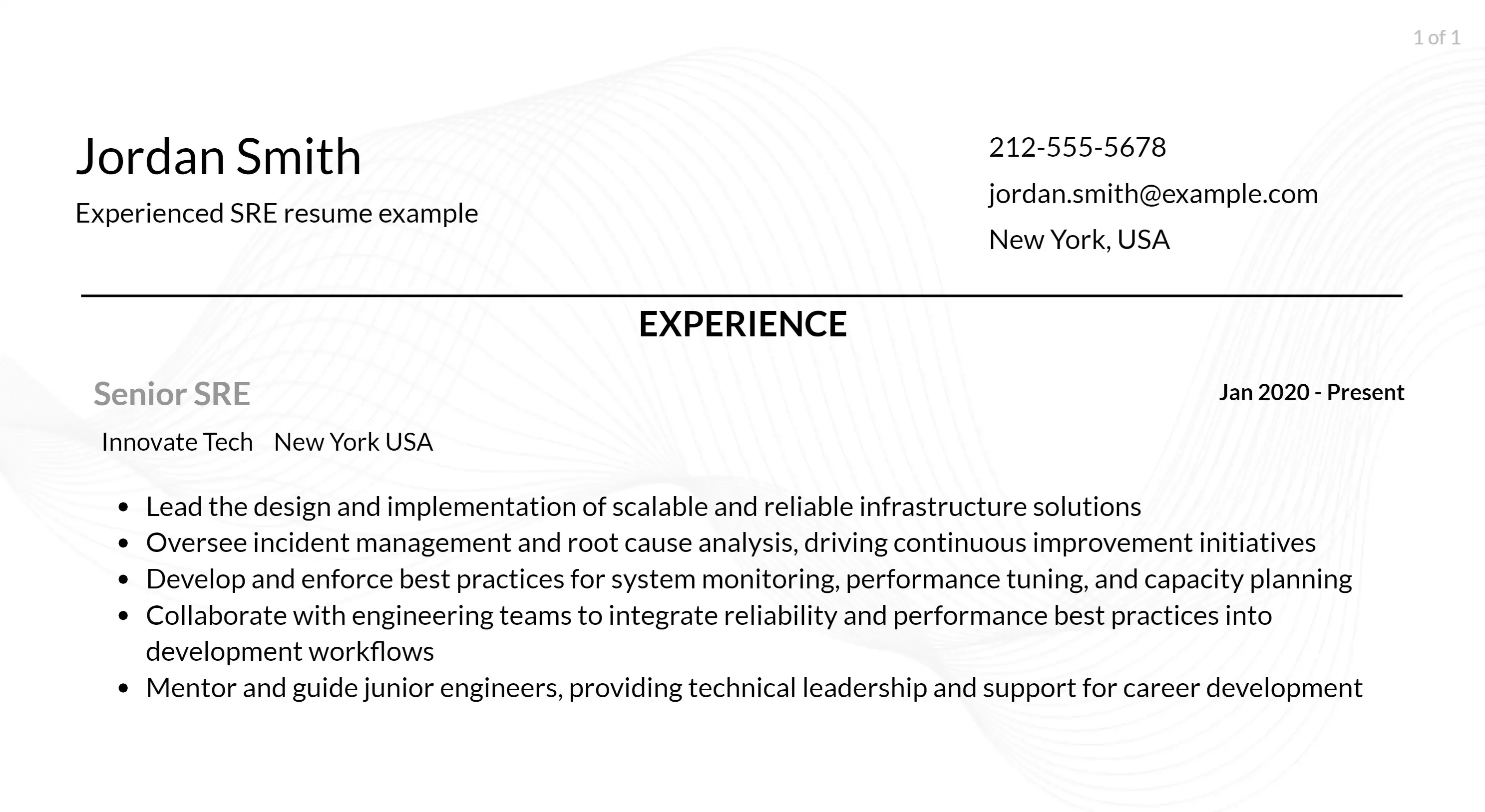 site reliability engineer resume responsibilities