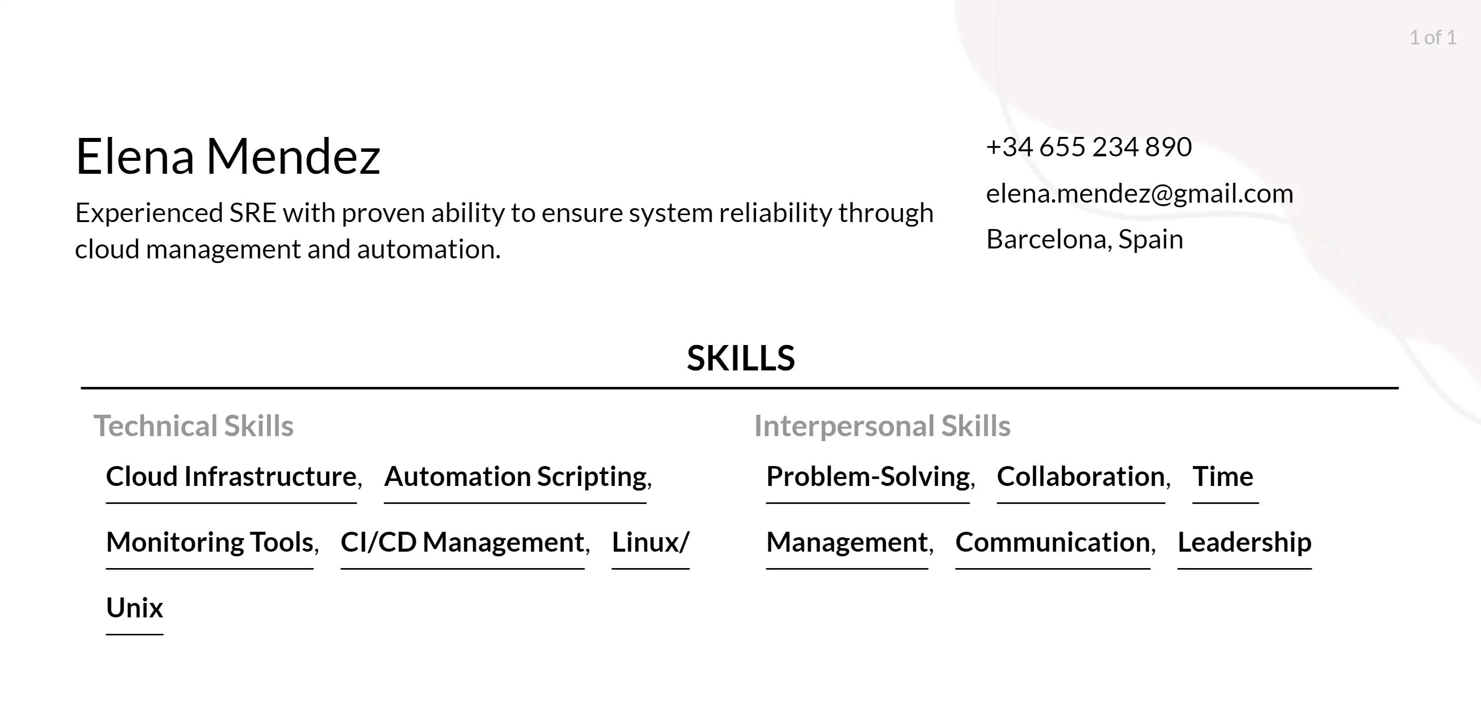 site reliability engineer resume skills