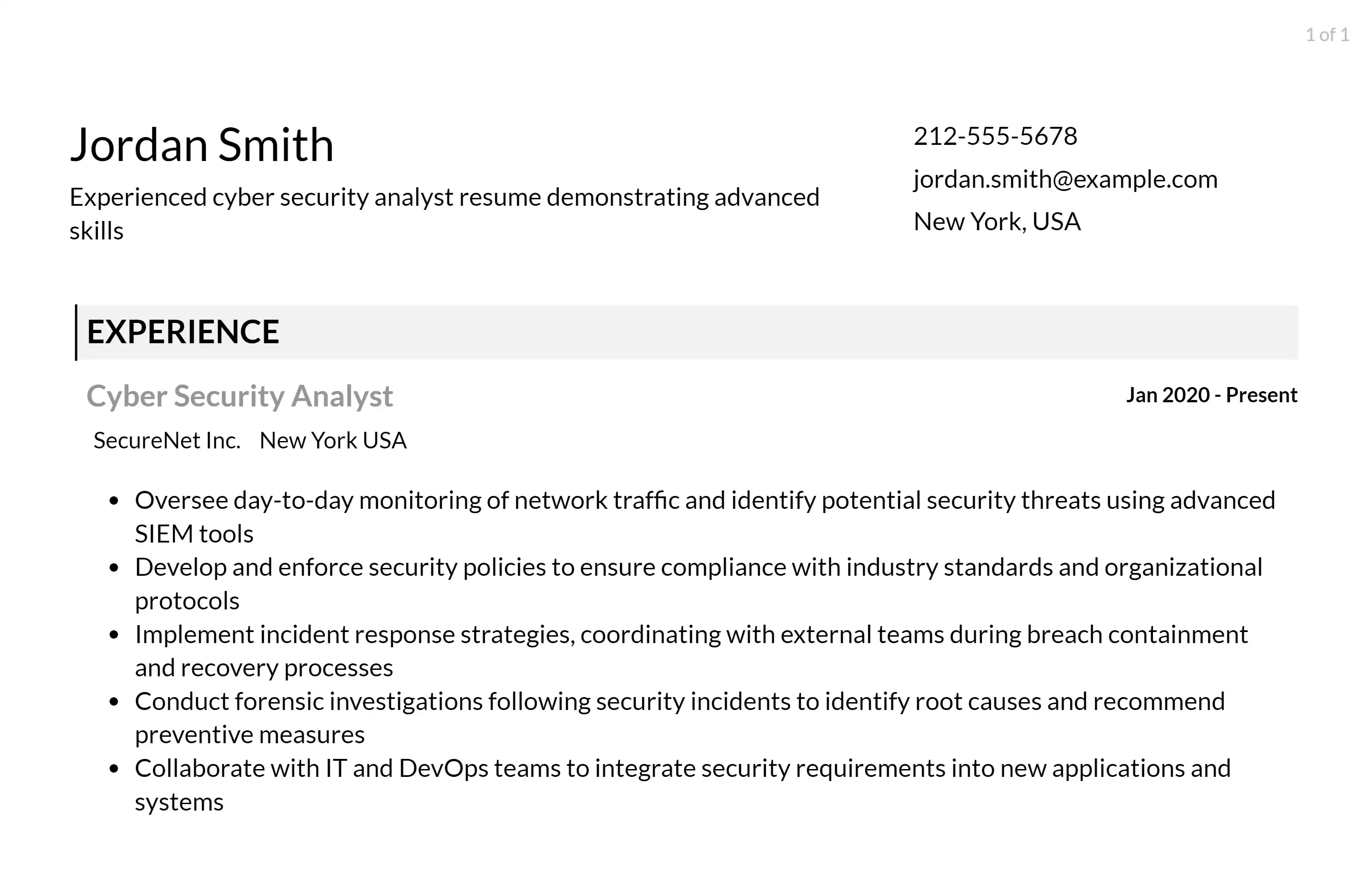 cyber security analyst resume responsibilities