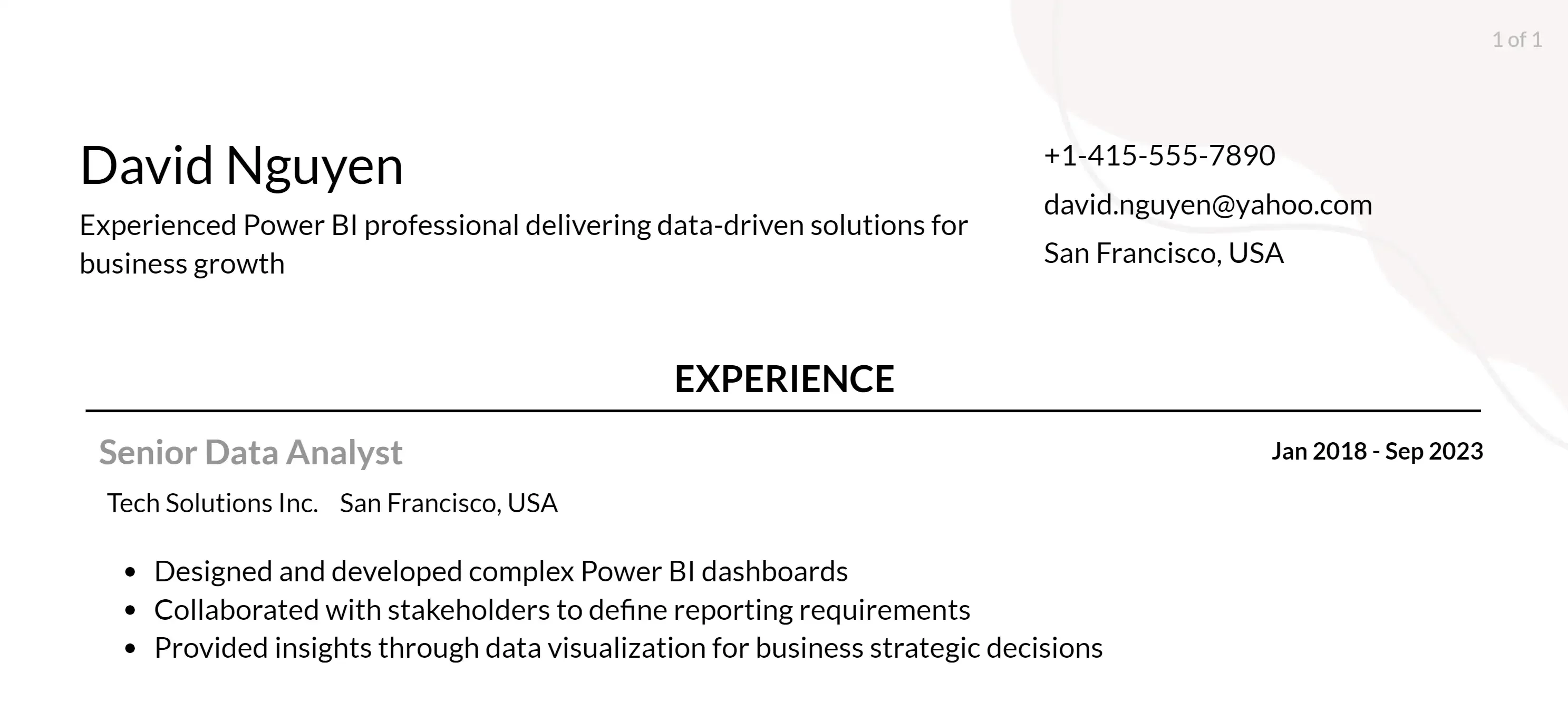 power bi resume responsibilities