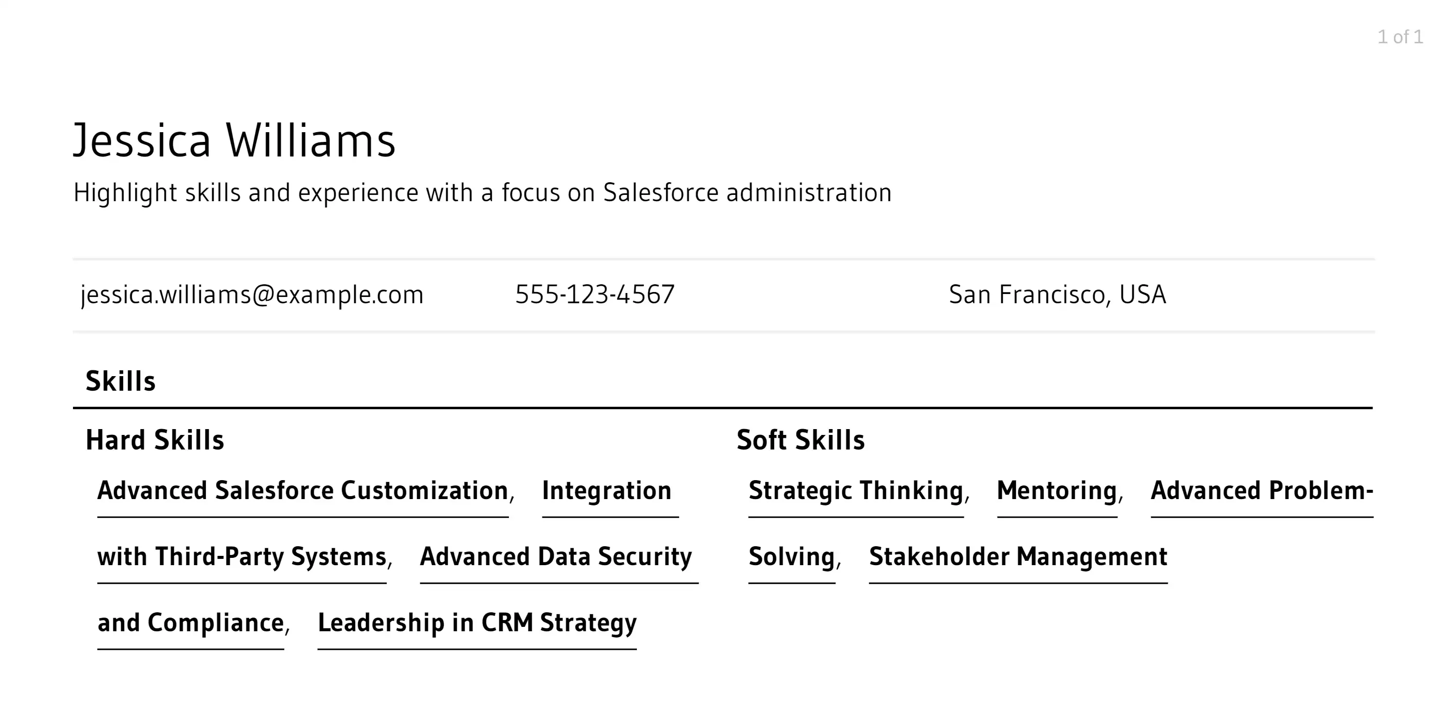 salesforce admin resume example skills