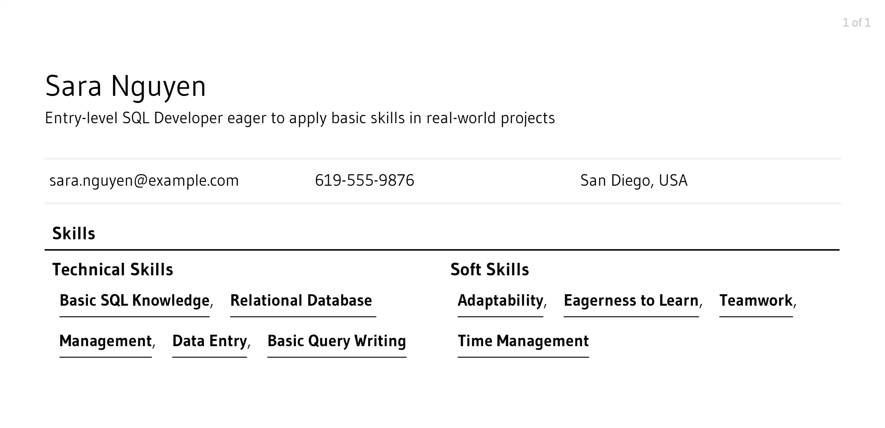 sql developer resume skills