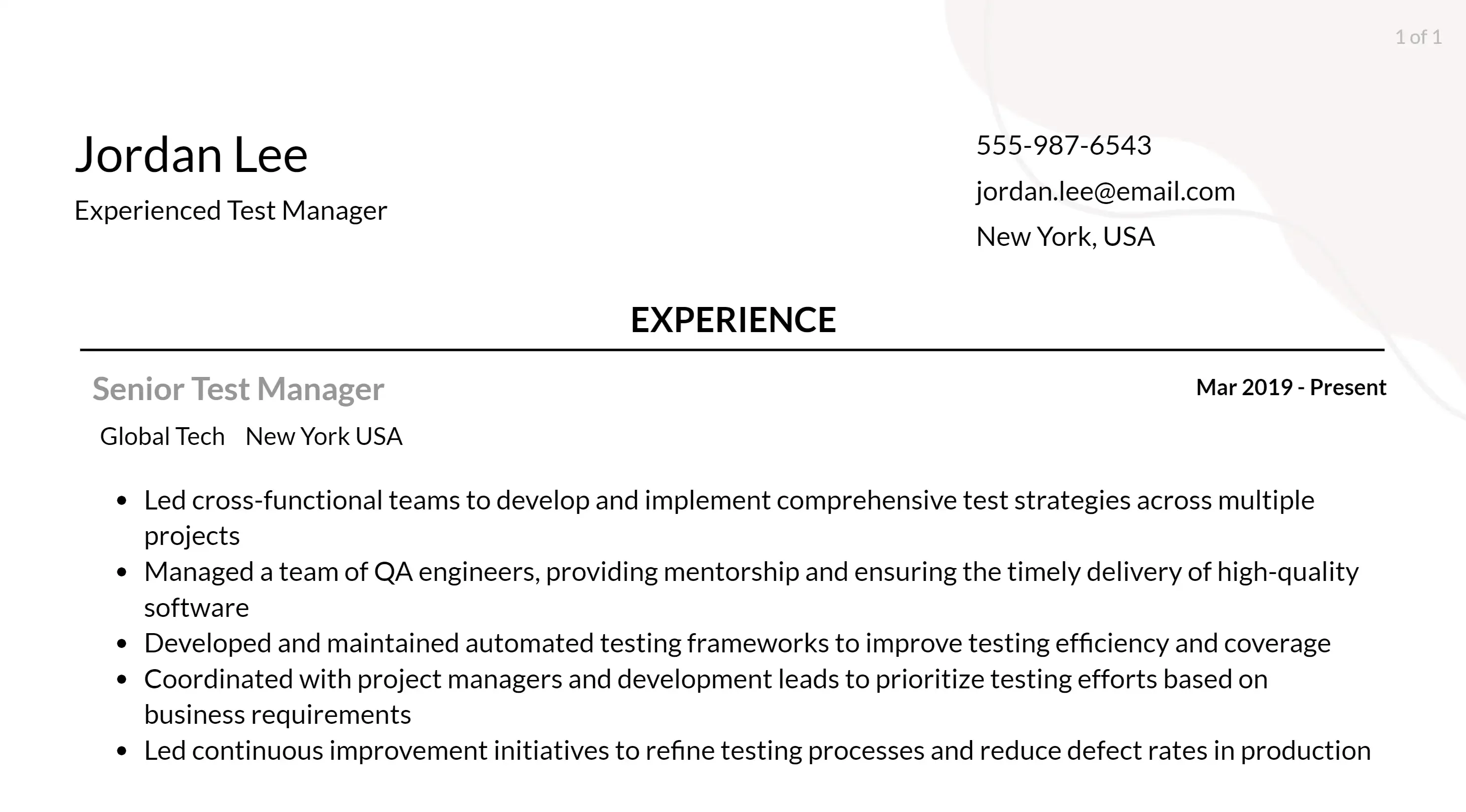 test manager resume responsibilities