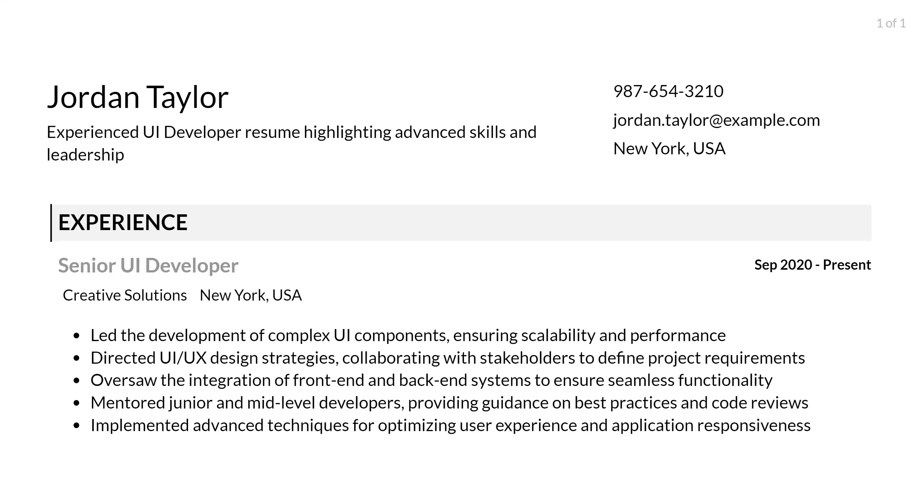 ui developer resume responsibilities